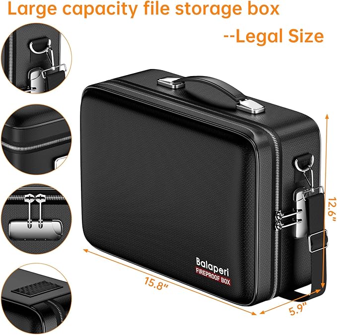 BALAPERI Fireproof Document Box with Fireproof Zipper,File Organizer Hard Case with Lock,Portable Document Safe for Important