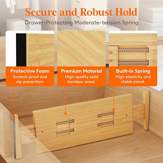 Lifewit 6" High 8 Pack Bamboo Drawer Dividers 45-55cm/17.5-22" Adjustable Wooden Drawer Organizer for Clothes/Utensils, Expan
