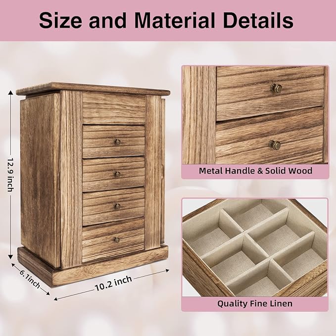 Emfogo Jewelry Box for Women, 5 Layer Large Wood Boxes & Organizers for Necklaces Earrings Rings Bracelets, Rustic Organizer 