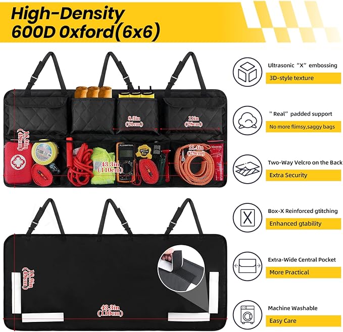 Car Trunk Hanging Organizer 3D Textured (Extra-Long), Cotton-Padded Farewell to Collapse, Reinforced Stitching, Extra-Wide Po