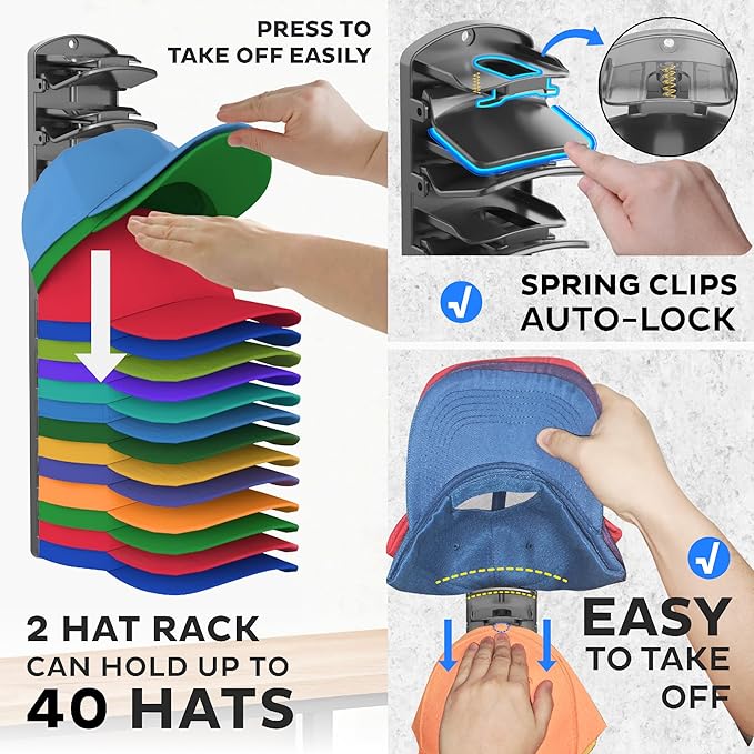 Double Capacity Hat Organizer for Baseball Caps 2 Packs - 40 Cap Storage with Spring Clips, Wall Mount Closet & Door Hat Rack