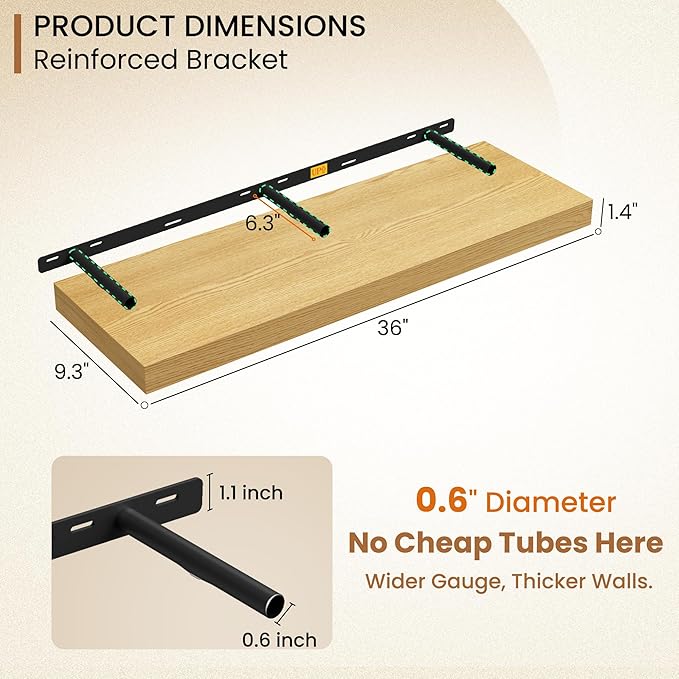 Fun Memories Floating Shelves 36 Inch Long, 9.3Inch Deep Floating Shelves for Wall, Extra Deeper & Thicker Wall Mounted Stora