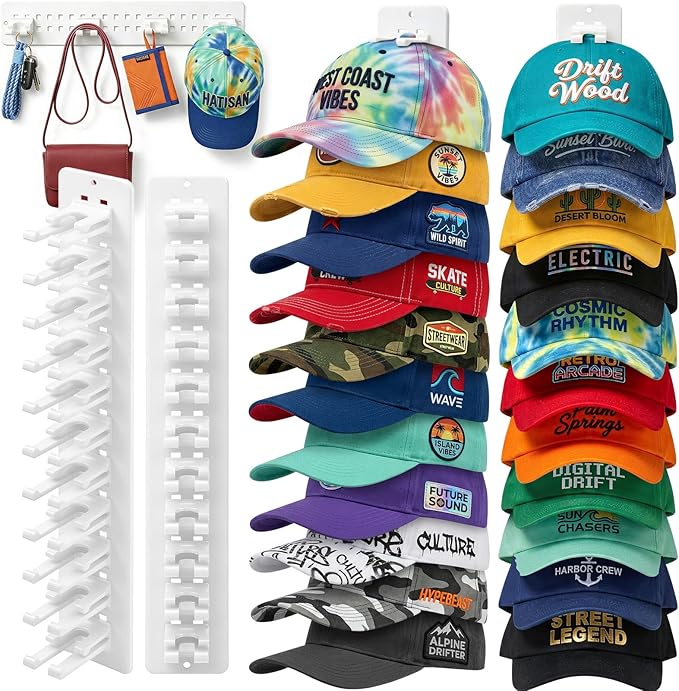 2 Pack Hat Organizer for Baseball Caps,Detachable DIY Hat Rack for Wall Hold Up to 22 Hats,Baseball Cap Organizer Cap Holder 