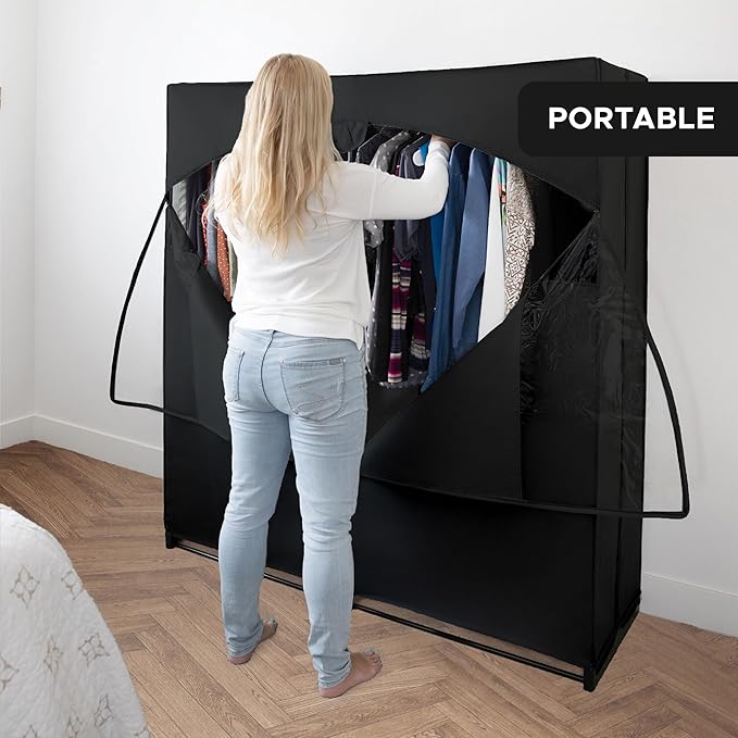HOLDN’ STORAGE Portable Wardrobe Closet - 65 lb Large Capacity, Internal Heavy Duty Metal Rod, Zipper & Clear Window, Durable