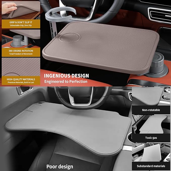 Car Tray & Car Desk for Laptop, 360° Rotating Wood Cup Holder Table,Aluminum Cantilever Laptop Mount for Vehicle,Steering Wheel Tray,Fits for Tesla Model Y/3/S,Camry Forester F150 Tundra&Most Vehicles