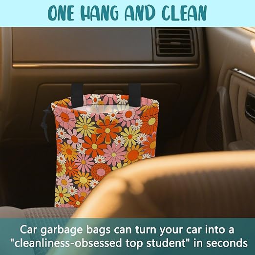 Car Trash Bag Retro Abstract Groovy Flowers Hanging Drawstring Car Organizer and Storage Bag with Adjustable Buckle Canvas Garbage Bin for Back Seat or Hanging Headrest Car Decor Road Trip Essentials