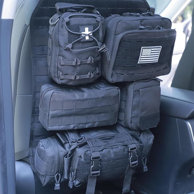 Universal Tactical Car Seat Back Organizer Bag Tactical Molle Vehicle Organizers Panel Vehicle Protector Organizers with 5 Detachable Pouches for Car (Upgraded C Black)