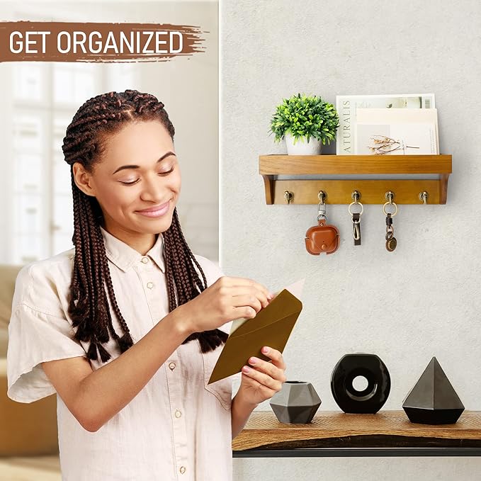 Rebee Vision Decorative Key Holder for Wall with Shelf: Farmhouse Mail Rack with 5 Sturdy Key Hooks for Home Decor, Apartment