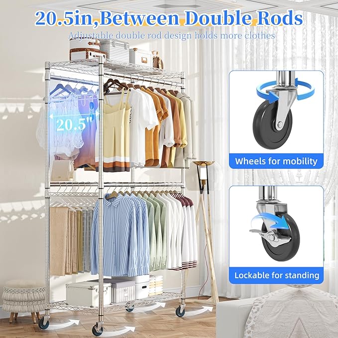 Simple Trending Heavy Duty Clothes Rack Clothing Rack with Wheels and 4 Hanging Rods, Adjustable Rolling Garment Racks, Load 