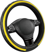 Road Comforts Leather Steering Wheel Cover – Black & Yellow, Universal Fit 14.5-15 Inch, Microfiber Leather, Anti-Slip & Brea