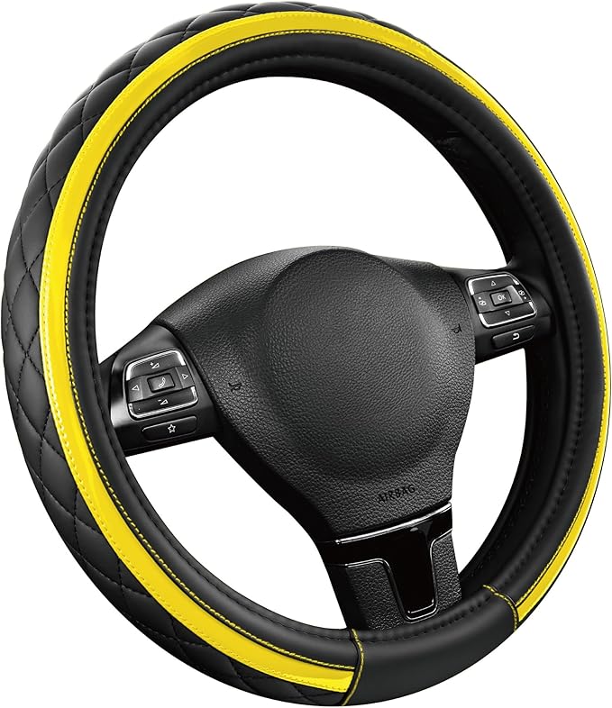 Road Comforts Leather Steering Wheel Cover – Black & Yellow, Universal Fit 14.5-15 Inch, Microfiber Leather, Anti-Slip & Brea