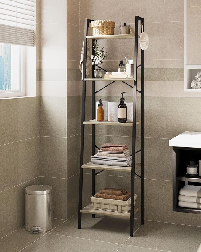 Hzuaneri Ladder Shelf, Bookshelf Bookcase, Freestanding Corner Storage Shelve with 2 Hooks for Home Office, Living Room, Kitc