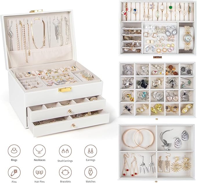 GUOER Jewelry Box for Women Girl Wife 3 Layers Large PU Leather Jewelry Organizer Storage Case with Two drawers Display for E