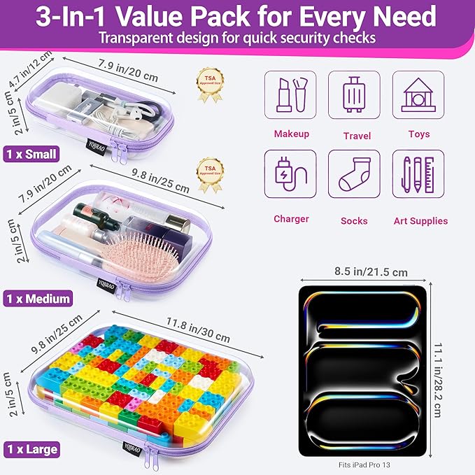 YQBRAO 3 Pack Hard Sided Clear Zipper Case for Storage- Thickened-Grade Clear Hard Shell Zipper Case for Organizing Bead, Han