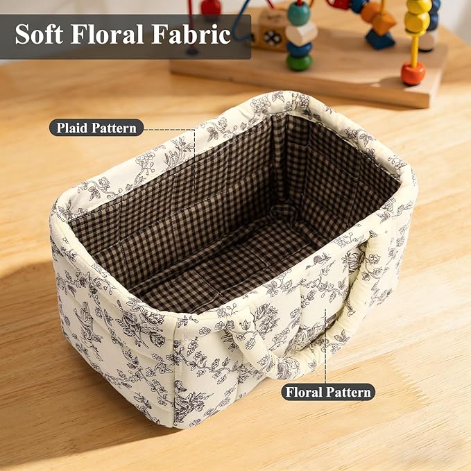 Small Storage Basket Organizer, Mini Fabric Floral Storage Baskets with Handle, Quilted Portable Collapsible Storage (Vine-Co