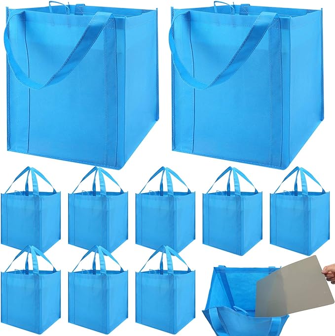NERUB Set of 10 Reusable Grocery Bags Heavy Duty Shopping Bags Large Grocery Totes with Reinforced Bottom Super Sturdy Handles Washable, Blue
