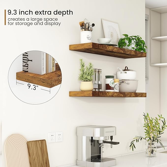 Fun Memories 36Inch Floating Shelves, 9.3Inch Deep Rustic Wall Shelves - Extra Deeper & Thicker Wall Mounted Storage Shelf fo