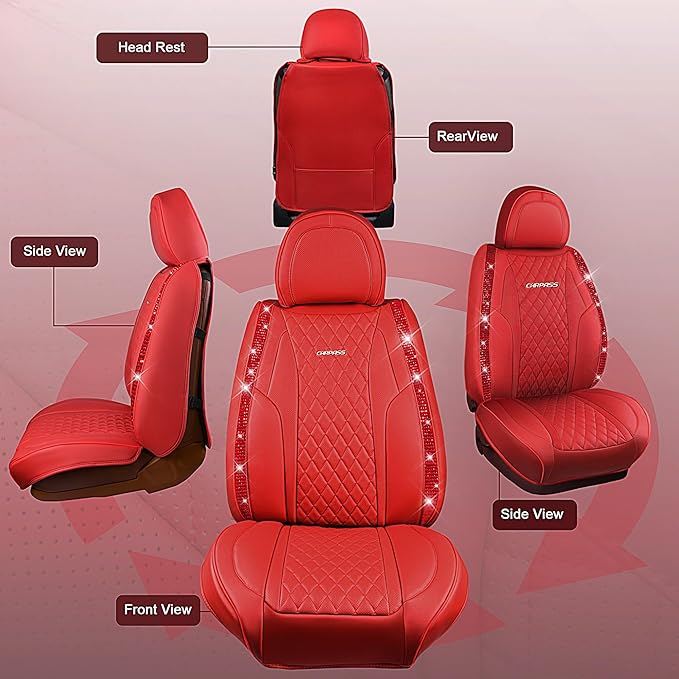 CAR PASS Nappa Leather Bling Diamond Car Seat Covers Full Set Universal Cushioned, Waterproof Heavy-Duty Anti-Slip Luxury Lea