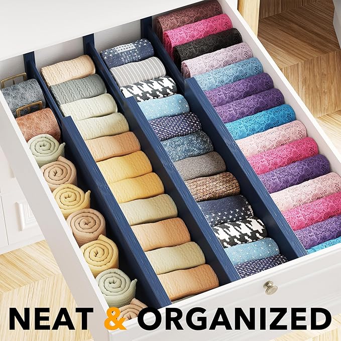 SpaceAid Bamboo Dresser Drawer Dividers 6 Pack, 4.65“ High Adjustable 17“-22” Drawer Organizers, Expandable Organization for 