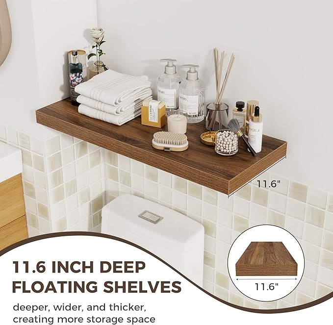 Fun Memories 12 Deep Floating Shelves for Wall | 30W x 12D Large Floating Shelves | 3 Pack Storage Space Wall Mount Shelf for