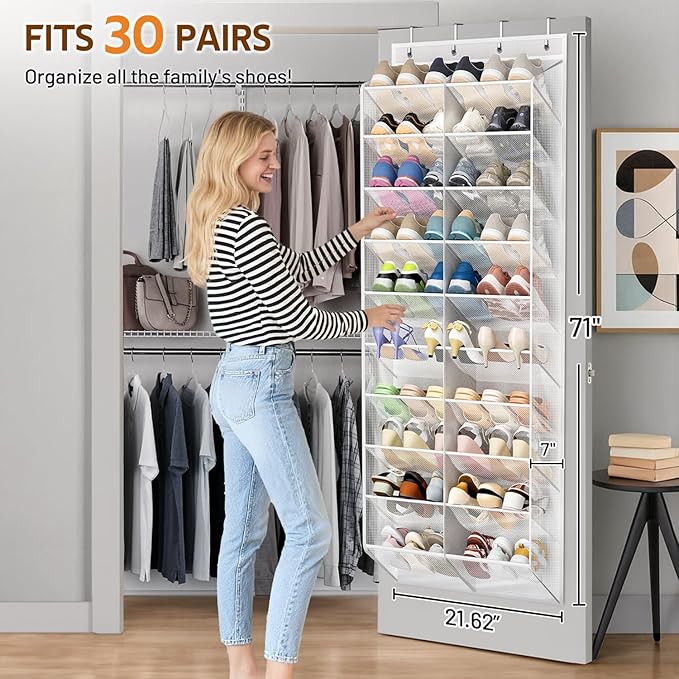 MISSLO 30 Pairs Over the Door Shoe Organizer Breathable Mesh Hanging Shoe Rack for Closet Storage with Wide Deep Pockets 10 T