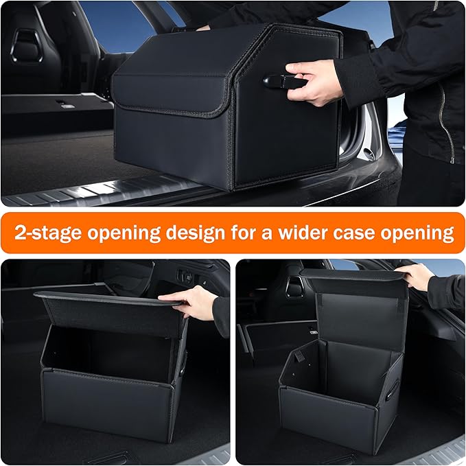 Trunk Organizer,car organizers and storage,black Leather Storage Box with lid,Fiberboard,Collapsible,15''L x 13''W x 12.4''H,2K