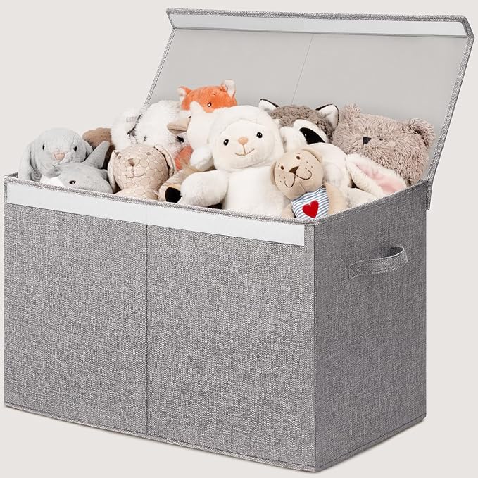 INDRESSME 25"x13"x16" Large Toy Storage Box with Lid, Toy Storage Organizer Toy Basket with Dividers for Playroom, Bedroom, C