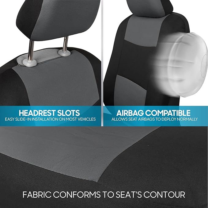 BDK PolyPro Car Seat Covers Full Set in Gray on Black – Front and Rear Split Bench Seat Covers for Cars, Easy to Install Car 