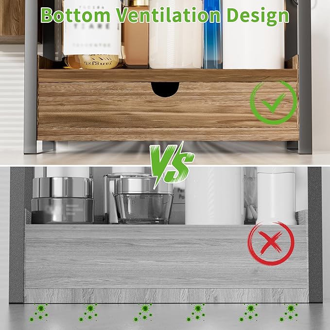 2-Tier Bathroom Counter Organizer with Drawer and Basket, Wood Countertop Organizer for Storage, Skincare Organizers for Vani