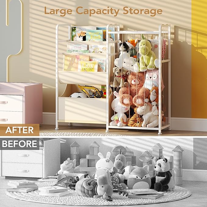 BBLIKE Kids Bookshelf and Stuffed Animal Storage - Multi-Function Nursery Book Shelves with Toy Box and PVC Book Display, Toy