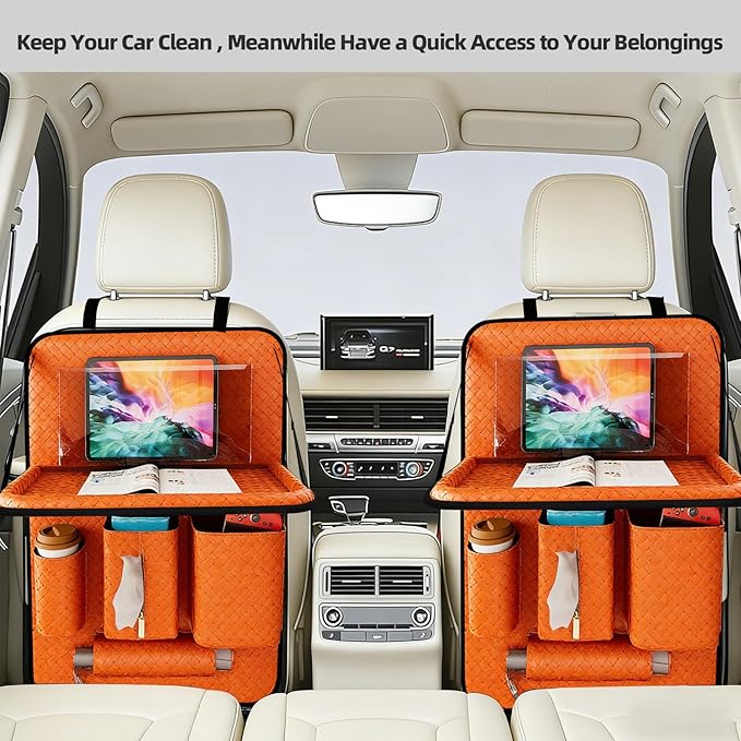 Car Back Seat Organizer, Black Woven Leather Storage Bag, Multifunctional Rear Seat Protector with Tablet Holder, 25.2x17.7 Inches, Abrasion Resistant, Orange