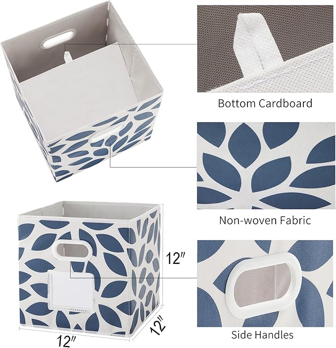 MAX Houser 6 Pack Foldable Fabric Storage Bins with Handles - Ideal for Closet Organization, Bedroom and Nursery（Blue, 12"x12