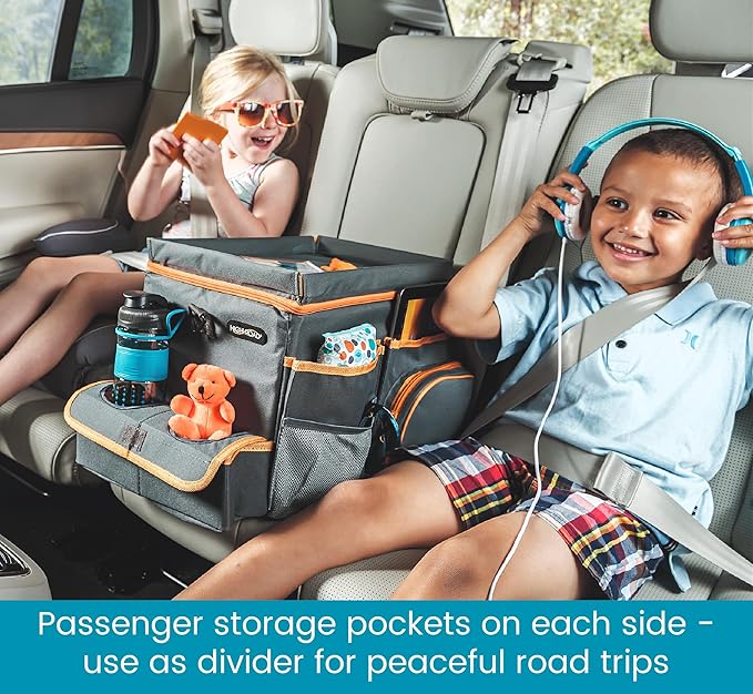 High Road CarHop Car Seat Organizer - Front Seat Organizer for Driver and Back Seat Organizer for Kids with Cup Holders, Study Tray Lid, Side Pockets and Cooler or File Compartment (Gray)
