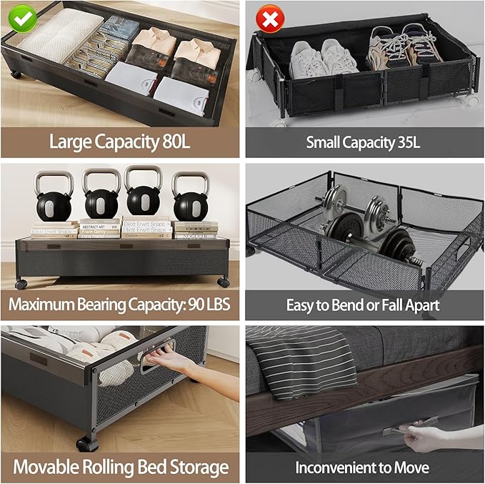 Under Bed Storage Containers with Wheels, 80L Extra-large Underbed Shoe Storage Organizer 2 Pack with Removable Lids, Large R