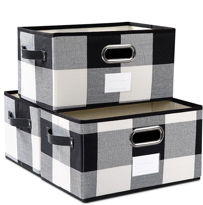 PRANDOM Fodable Storage Bins for Closet [3-pack] Decorative Fabric Storage Baskets Cubes with Leather/Metal Handles for Shelv
