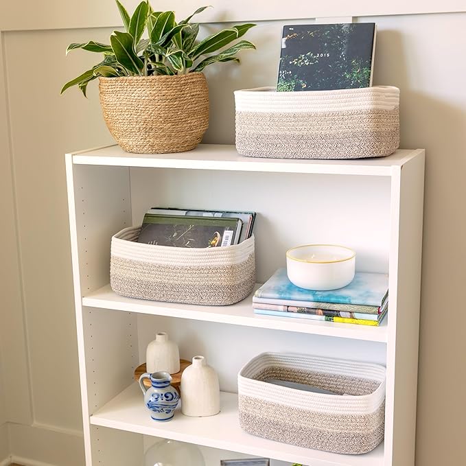 NaturalCozy 13.5”x8.5”x5.5” Storage Baskets for Shelves 3 Pack | Cotton Rope Woven Small Baskets for Organizing | Small Stora