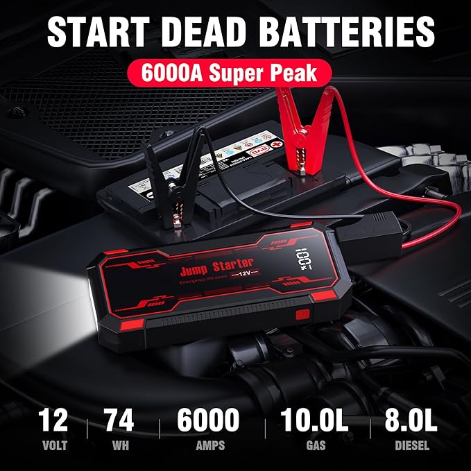 Car Jump Starter 6000A Car Battery Jump Starter Portable,12V Battery Jumper Starter Portable(10.0L Gas/8.0L Diesel),LCD