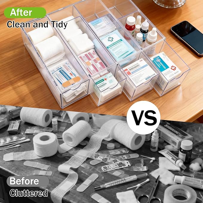 2 Pack Bandage Organizer with Lid, Acrylic Bandaid Holder with 4 Clear Drawers Band Aid Storage Container for Home Office Dra