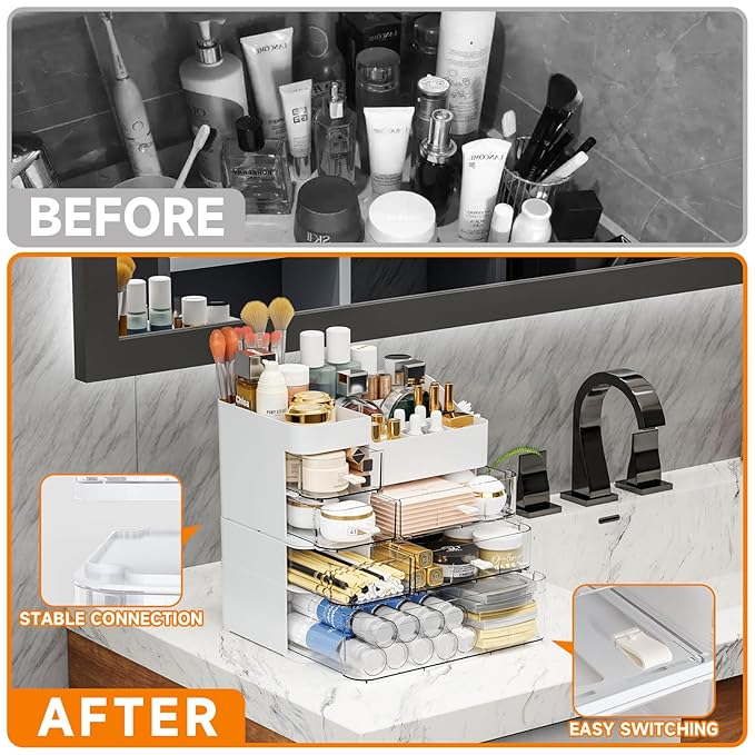 White Countertop Makeup Organizer with 6 Drawers,Large Capacity Skincare Organizers for Vanity,Desk,Dresser,Plastic Bathroom 