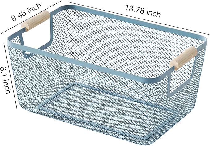 AJIODA Metal Mesh Steel Basket, Large Wire Storage Organizer Basket Multi-function Hanging Kitchen Baskets with Wood Handle f