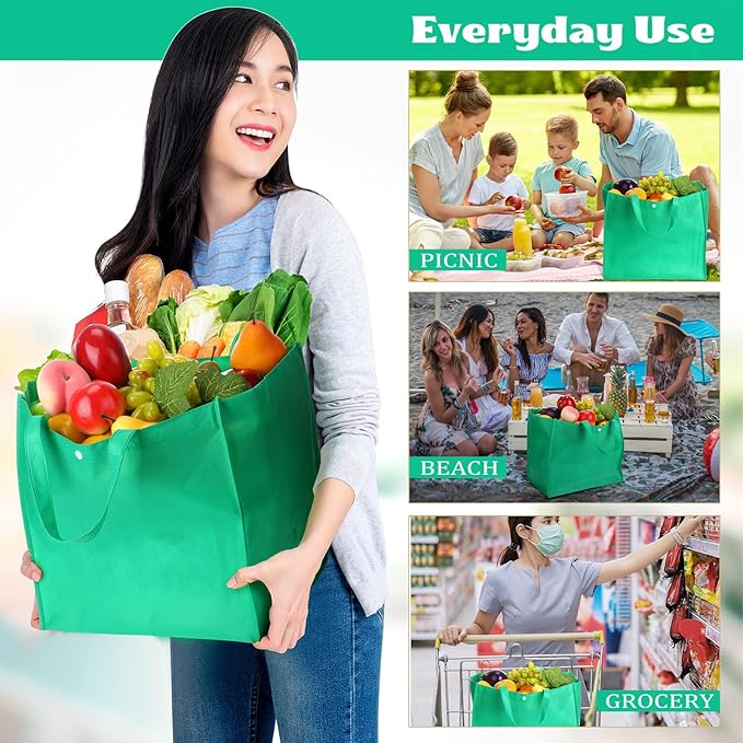 Zhehao 60 Pcs Reusable Grocery Bags Bulk Large Foldable Shopping Tote Bags Non Woven with Handle and Plastic Button
