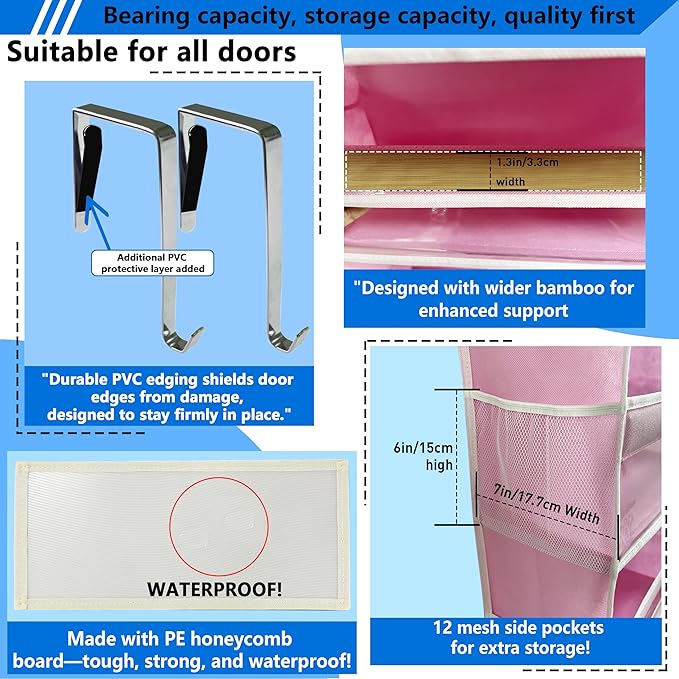 over the door organizer, Solid Bamboo Board (Not Plastic!) 6-Tier Heavy Duty 75LB, 12 Side Pockets, 3 Reinforced Hooks & Anti