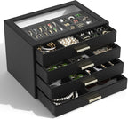 AKOZLIN Jewelry Box with Clear Lid Functional Leather Jewelry Storage Organizer Case 4 Drawers for Women Girls Necklace Ring 