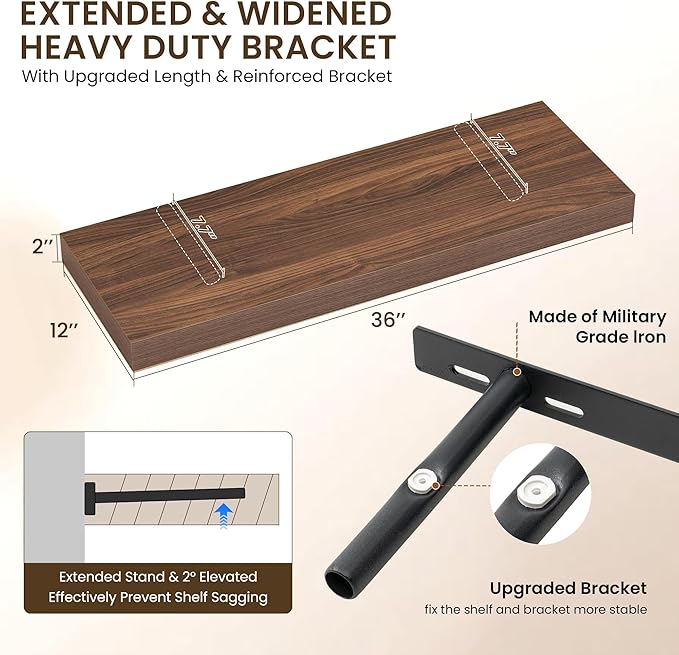 Dreamland 36" Floating Shelves for Wall, 12" Deep Thicker Walnut Floating Shelves, Wall-Mounted Shelves for Bedroom, Living R