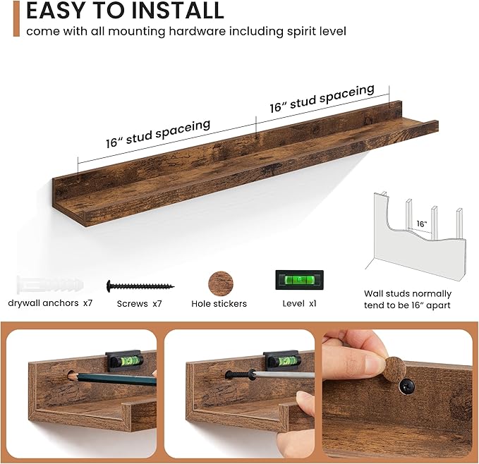 Fun Memories Picture Ledge Shelves Set of 2, 36 Inch Rustic Wall Mounted Floating Shelves with Lip for Home Storage and Décor