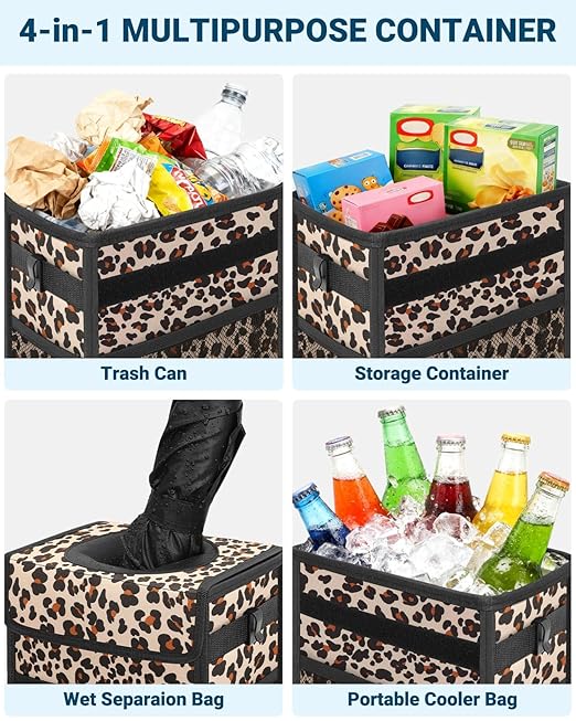 Capolo Car Trash Can with Lid, Leakproof Car Trash Bag Hanging Waterproof Automotive Garbage Can with Storage Pockets Mini Vehicle Trash Bin for Back/Front Seat(Leopard,3 Gallon)