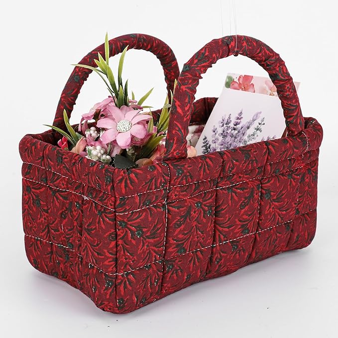 Small Storage Basket Organizer, Mini Fabric Floral Storage Baskets with Handle, Quilted Portable Collapsible Storage (J)