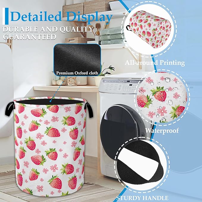 Straberry Flower Laundry Basket Collapsible Laundry Hamper Clothes Toy Storage Bin for Bathroom Bedroom Room Decor 16" X 20.8