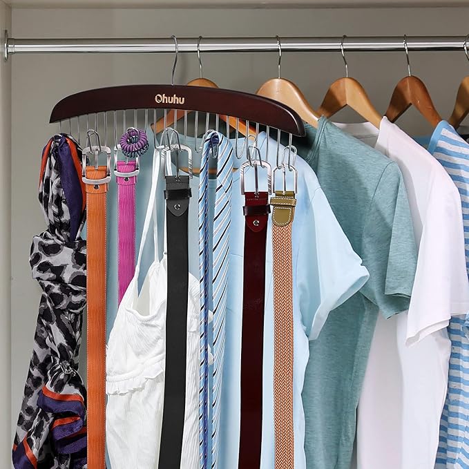 Belt Hanger Organizer for Closet: Ohuhu 2 Pack 12 Hooks Max 36 Belts Tie Rack Wooden Belt Holder for Storage 360 Degree Rotat
