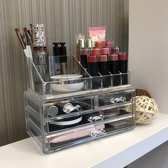 Ikee Design Acrylic Makeup Organizer with 4 Drawers and Removable Top Lipstick Holders, Ideal for Make-up or Accessories,Enha